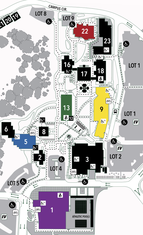 Campus map showing buildings (B1, B5, B9, B13, B22) that are open in the evening on campus