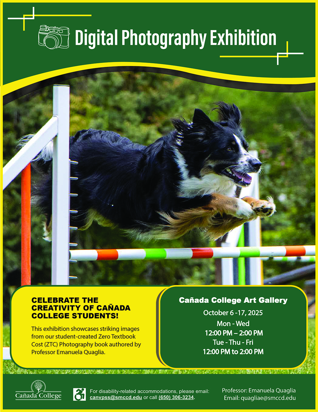 Event flier featuring a photo of a dog leaping over a barrier, the title of the event and details.