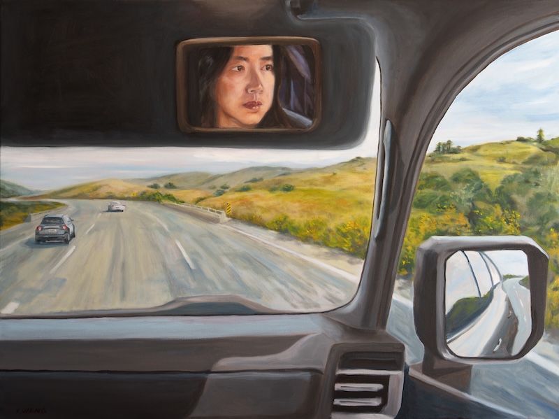 Painting from a driver's perspective showing a person's face reflected in the vanity mirror while driving along a highway