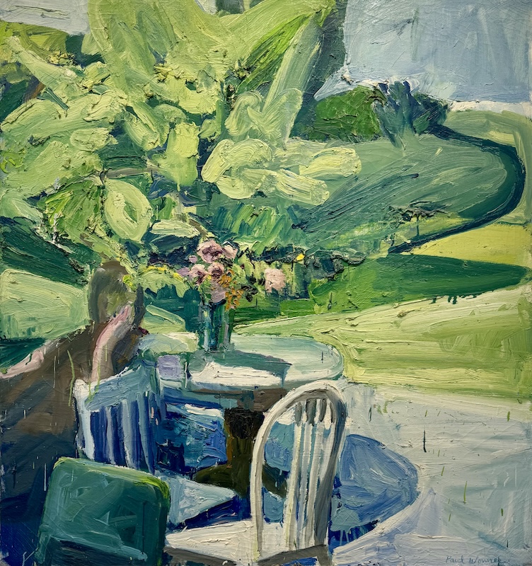 Painting of an outdoor scene with a small table, bouquet, colorful chairs, and a single tree with greenery in the background.