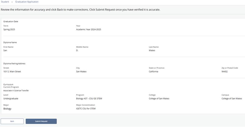 screenshot of graduation application summary