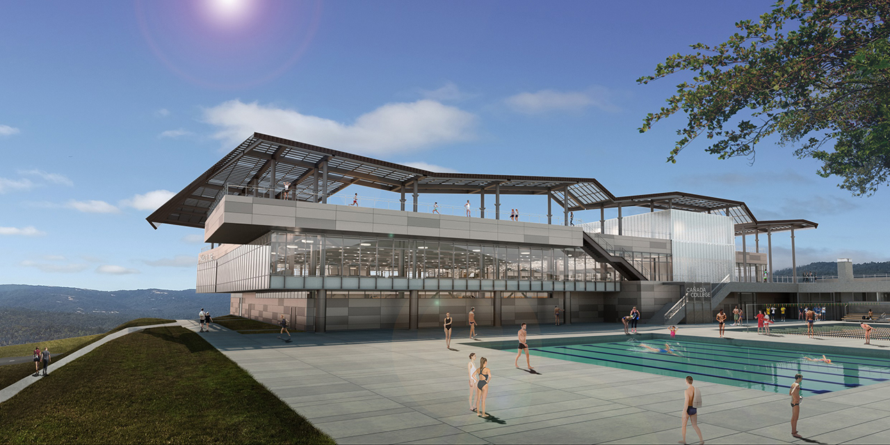 Architectural rendering of the Kinesiology & Wellness Building featuring outdoor swimming pools  