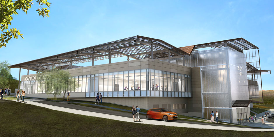 Rendering of exterior of Kinesiology and Wellness building with car driving by