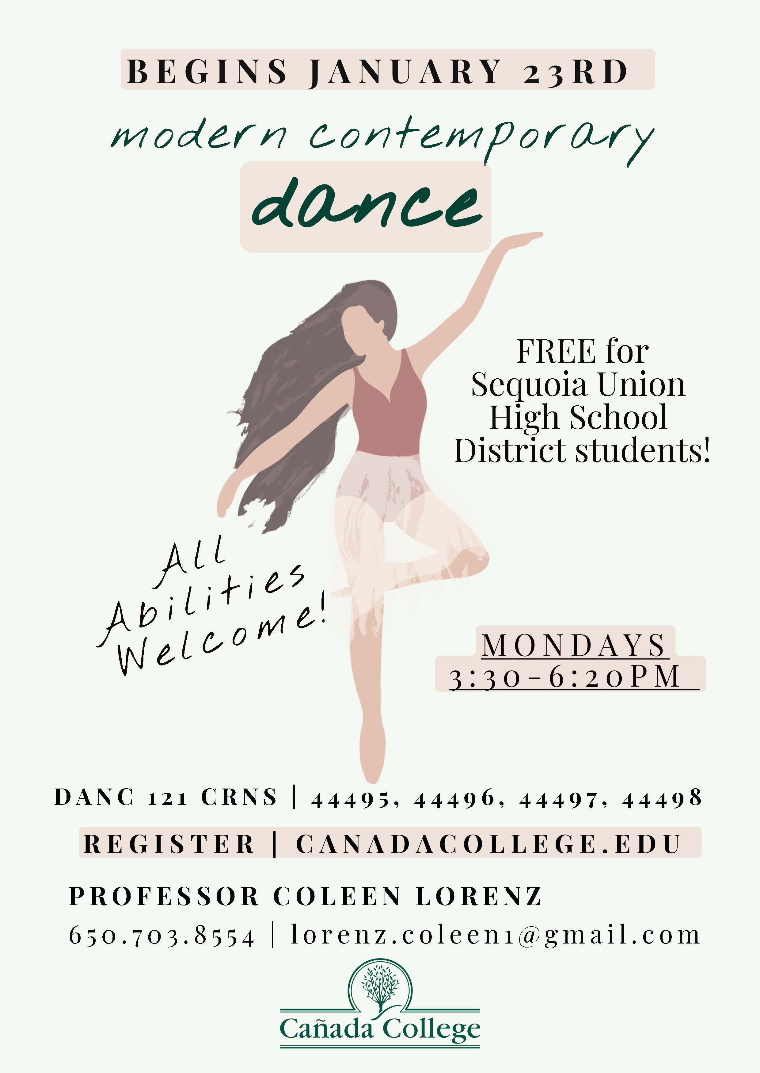 modern dance class information offered on Mondays