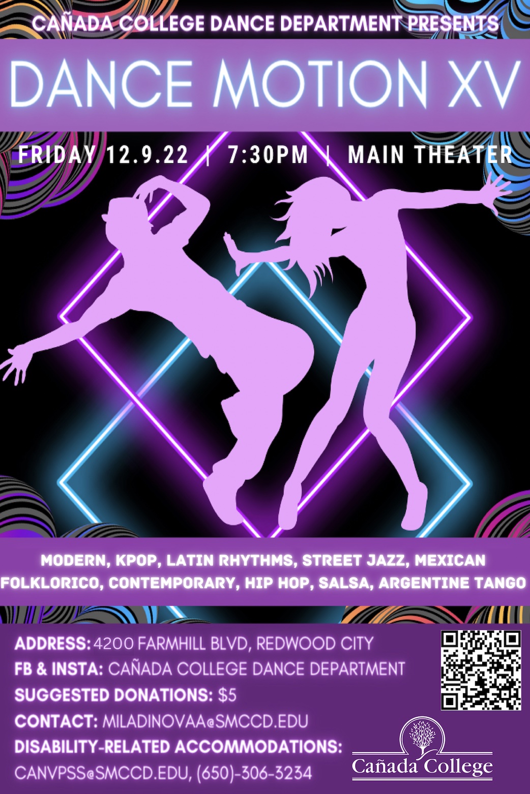 Displays information about the dance show on Friday December 9th at 7:30pm at our college, main theater