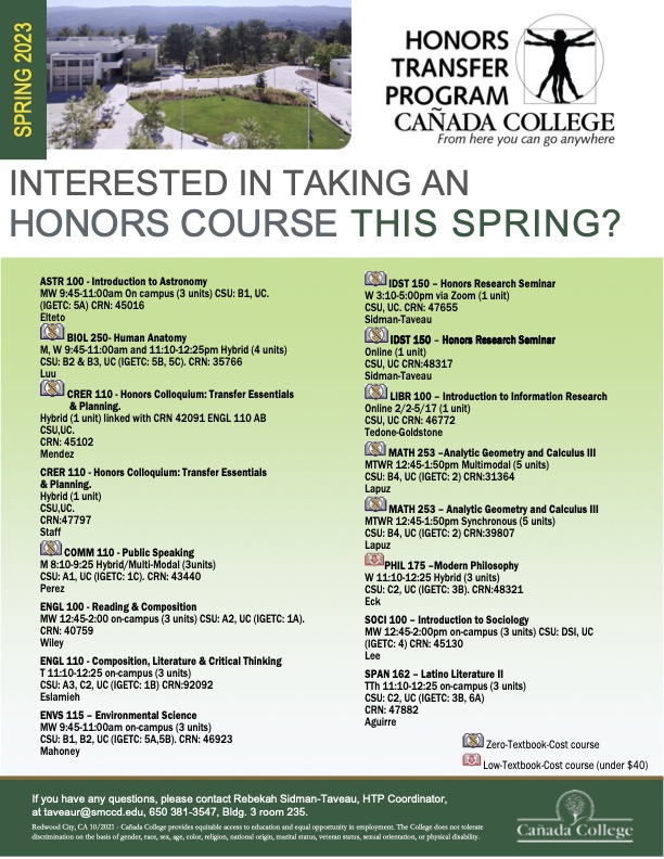 Courses Schedule Honors Transfer Program Cañada College