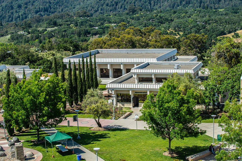 Panoramic view of Building 8 surrounded by lush greenery, captured from the vantage point of Building 9.