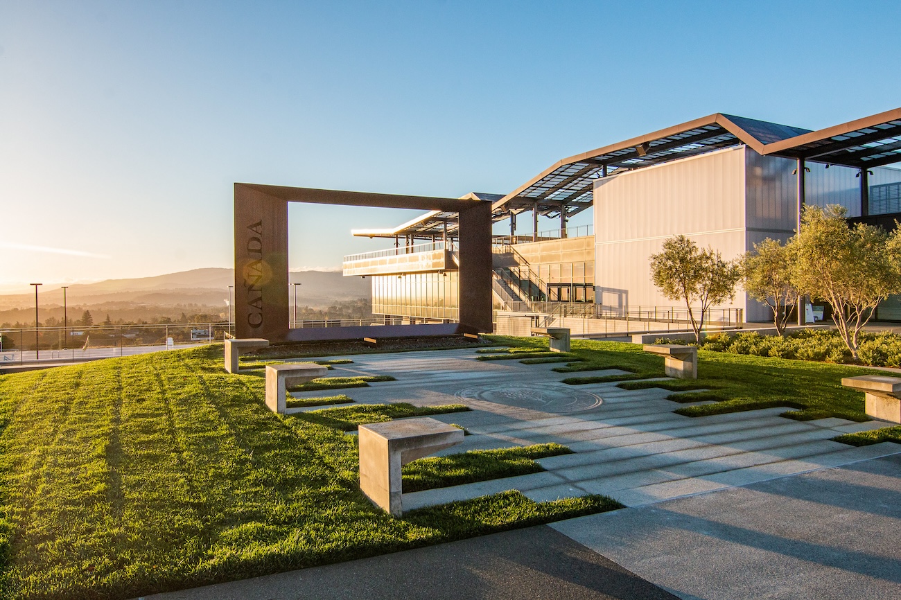 Side view of gym with Canada College letters on the building.