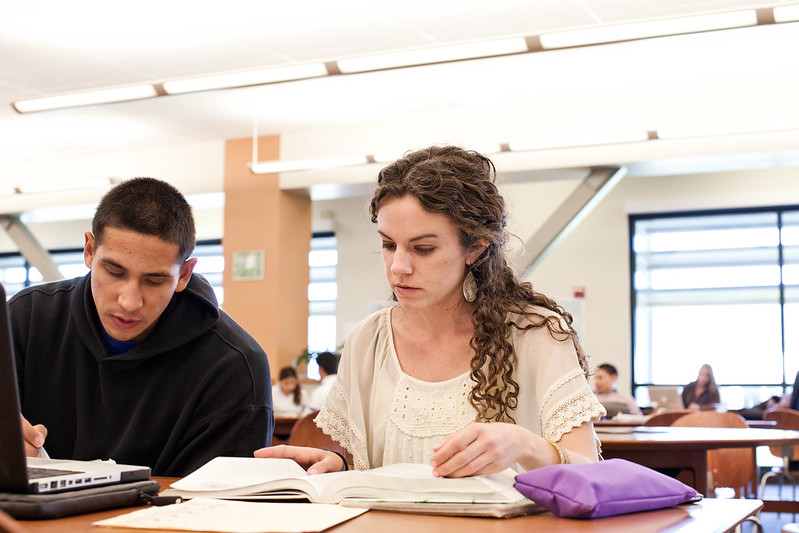 students studying in the college library