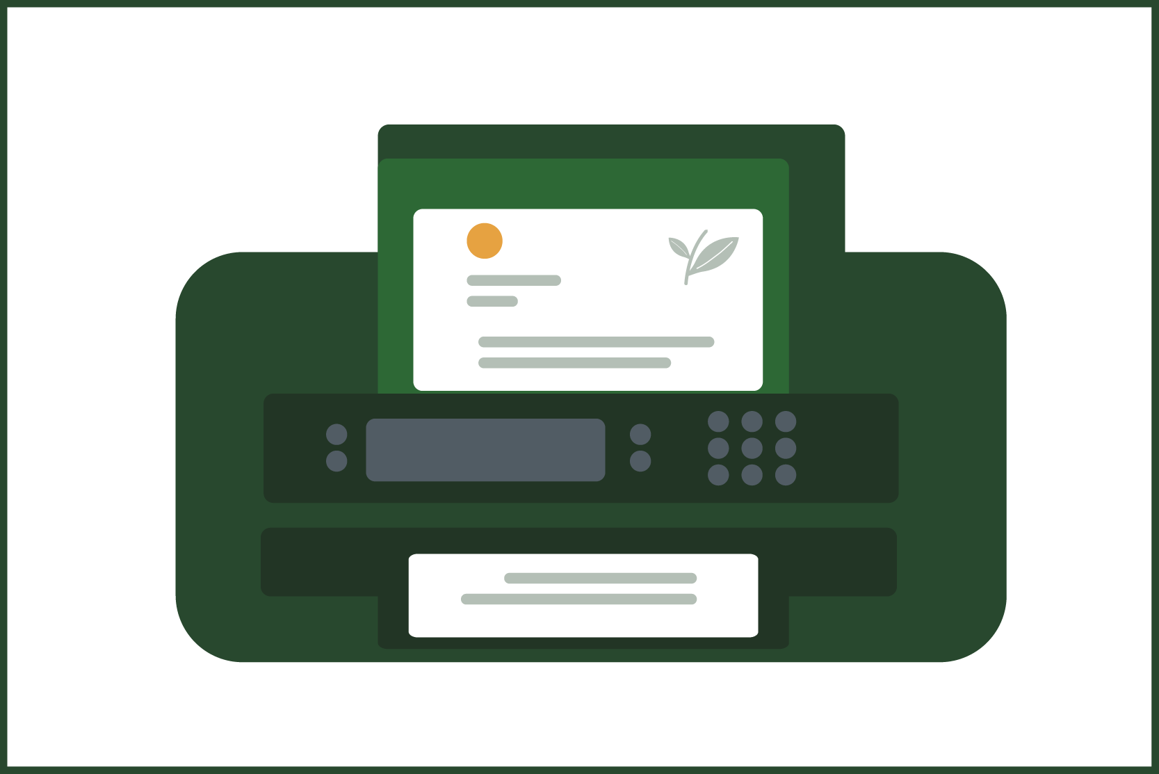 Green office printer illustration outputting a white printed sheet with abstract text and leaf icon
