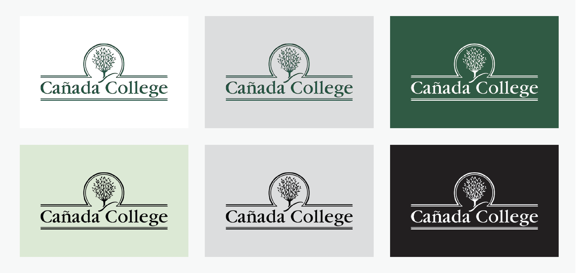 Six variations of the Cañada College logo shown on light and dark contrasting backgrounds.