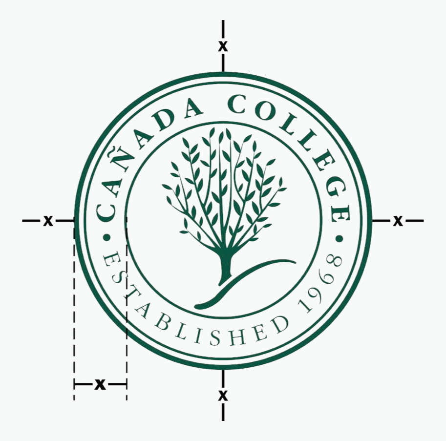 Cañada College circular seal with clear space margin guidelines marked by x on all sides.