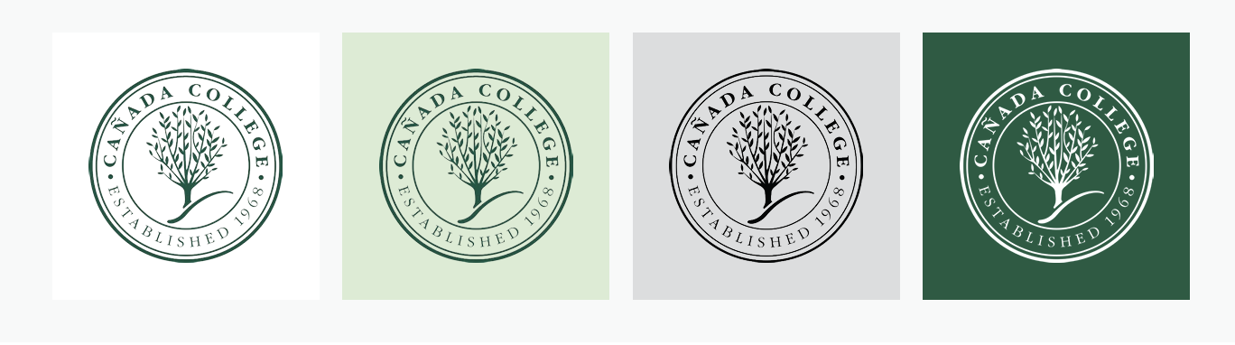 Four color variations of the Cañada College circular seal on various backgrounds.