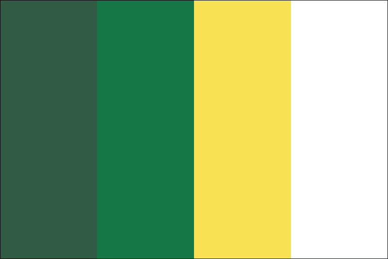A color palette consisting of four vertical stripes in dark green, forest green, yellow and white