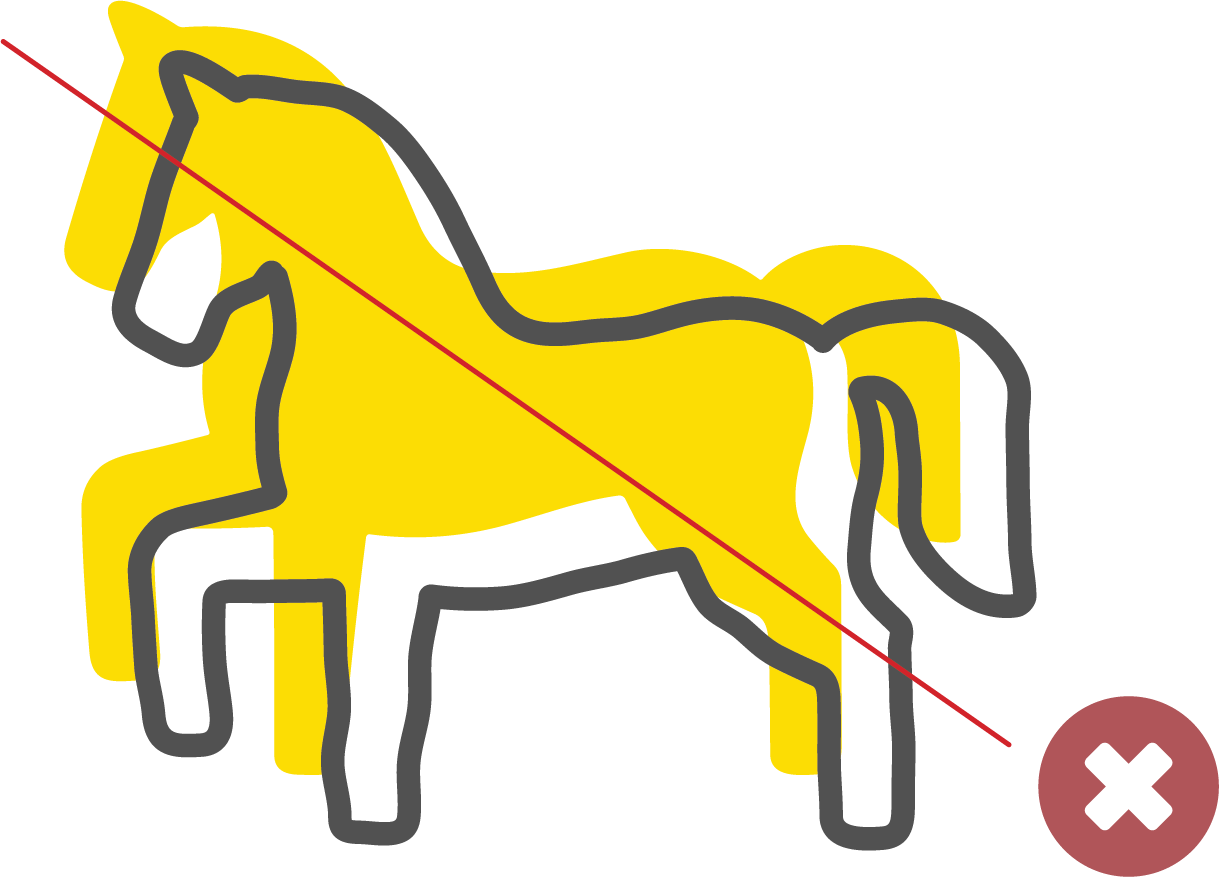 Rejected horse outline with misaligned yellow fill crossed out by a red line.