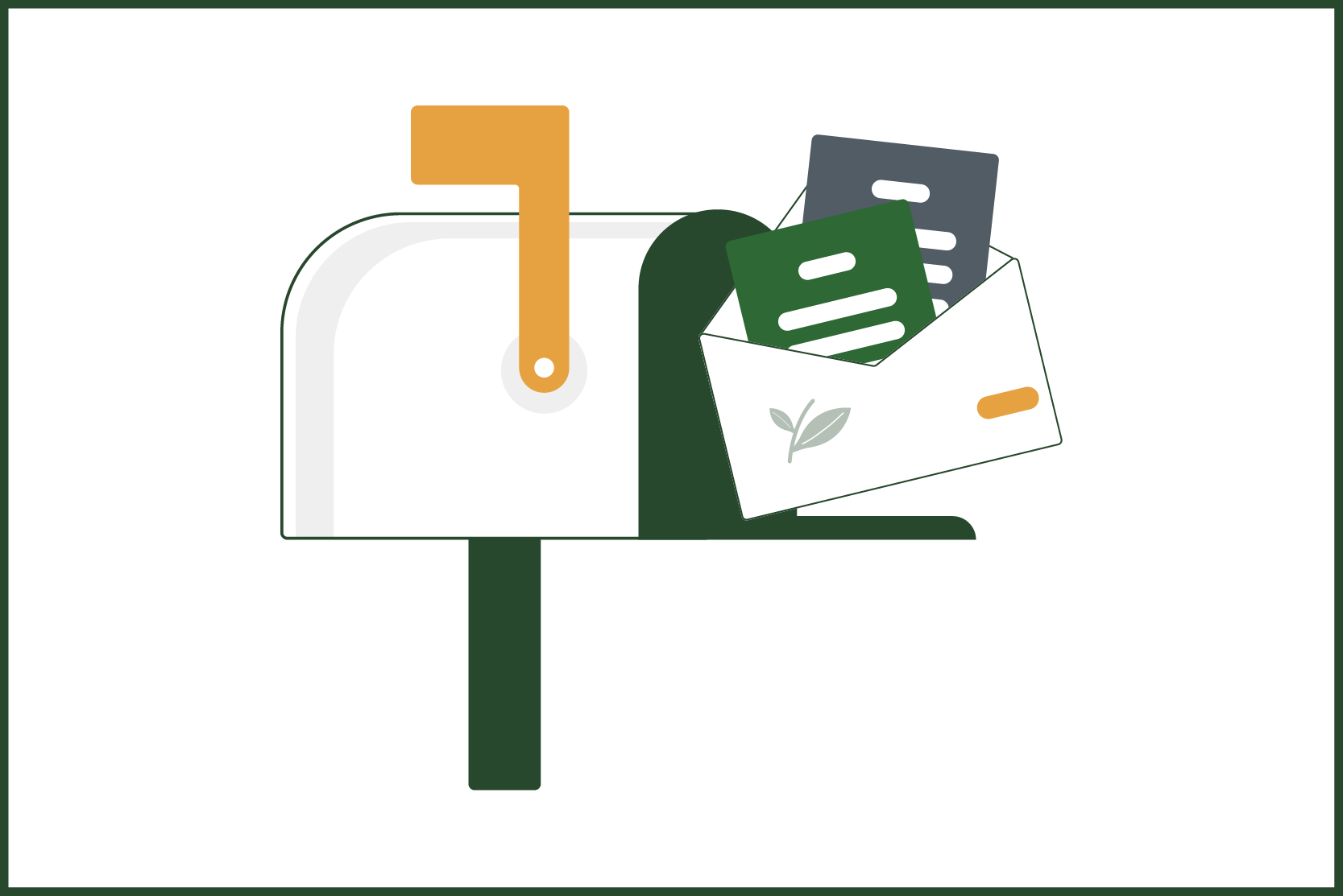 A minimalist vector illustration of an open mailbox containing an envelope filled with letters