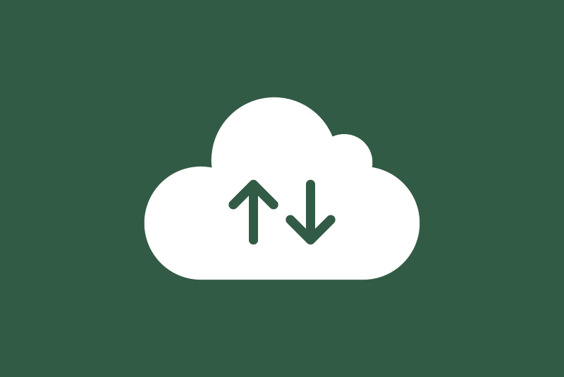 White cloud icon with up and down arrows on a dark green background