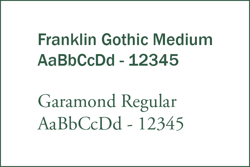 Illustration of Franklin Gothic Medium and Garamond Regular fonts with letters and numbers in green