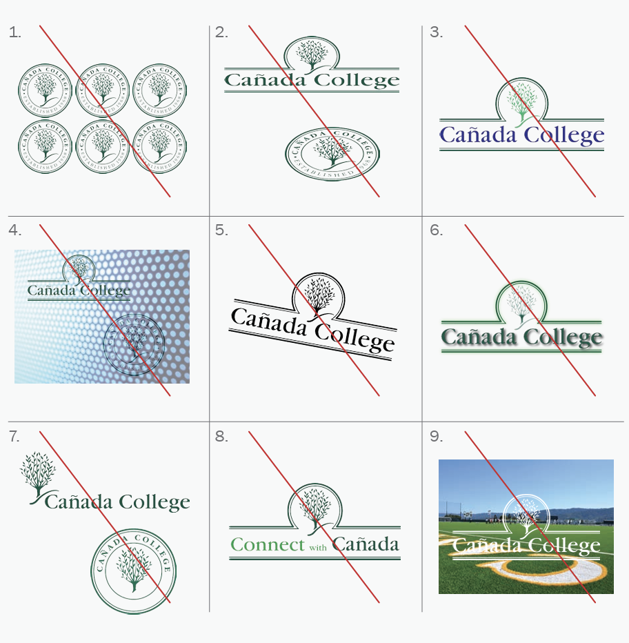 Nine examples of incorrect Cañada College logo usage crossed out with red lines.