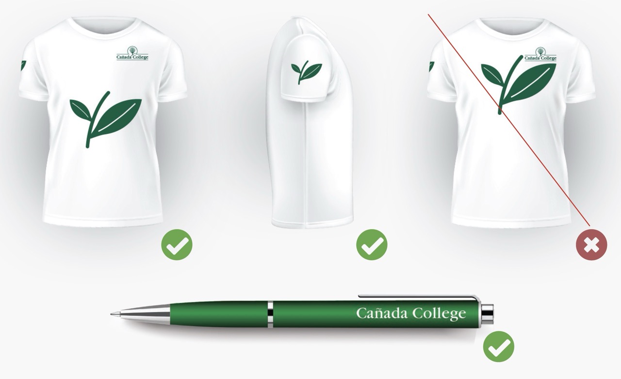 Approved and rejected Cañada College branding on white t-shirts and a green pen.