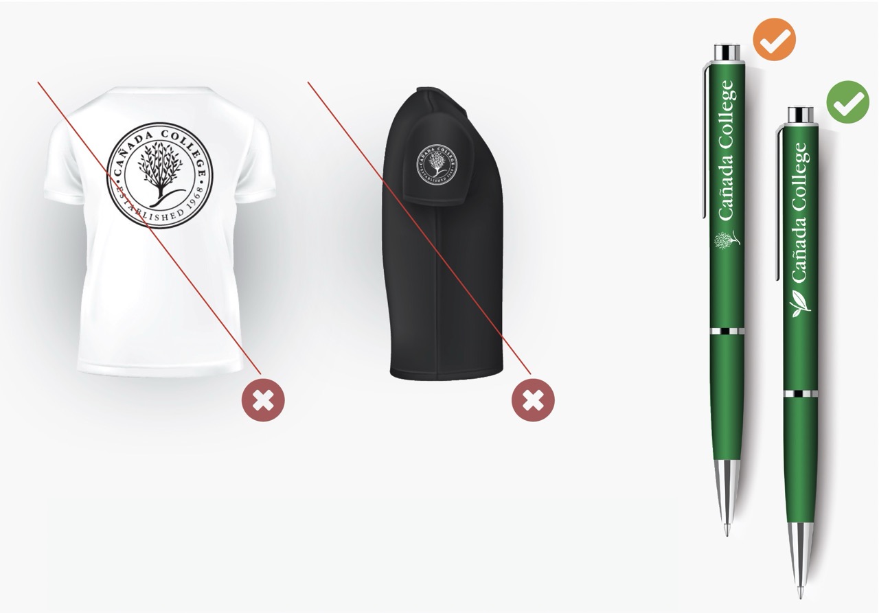 Rejected Cañada College t-shirt branding next to approved green promotional pens.