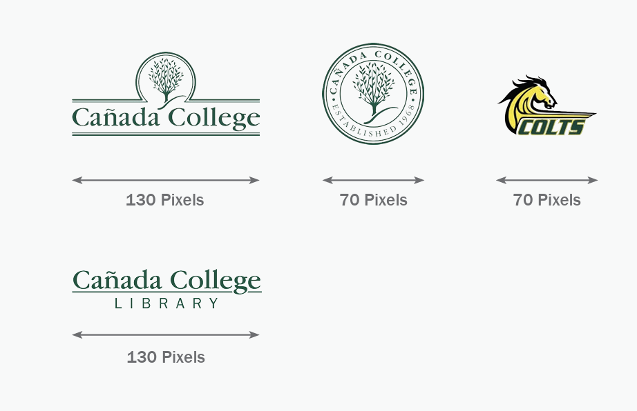 Cañada College logos and marks showing minimum pixel width requirements.