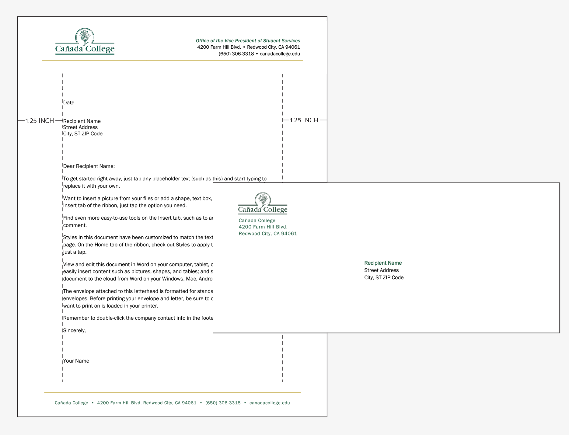 Layout templates for Cañada College letterhead and envelope with margin guides