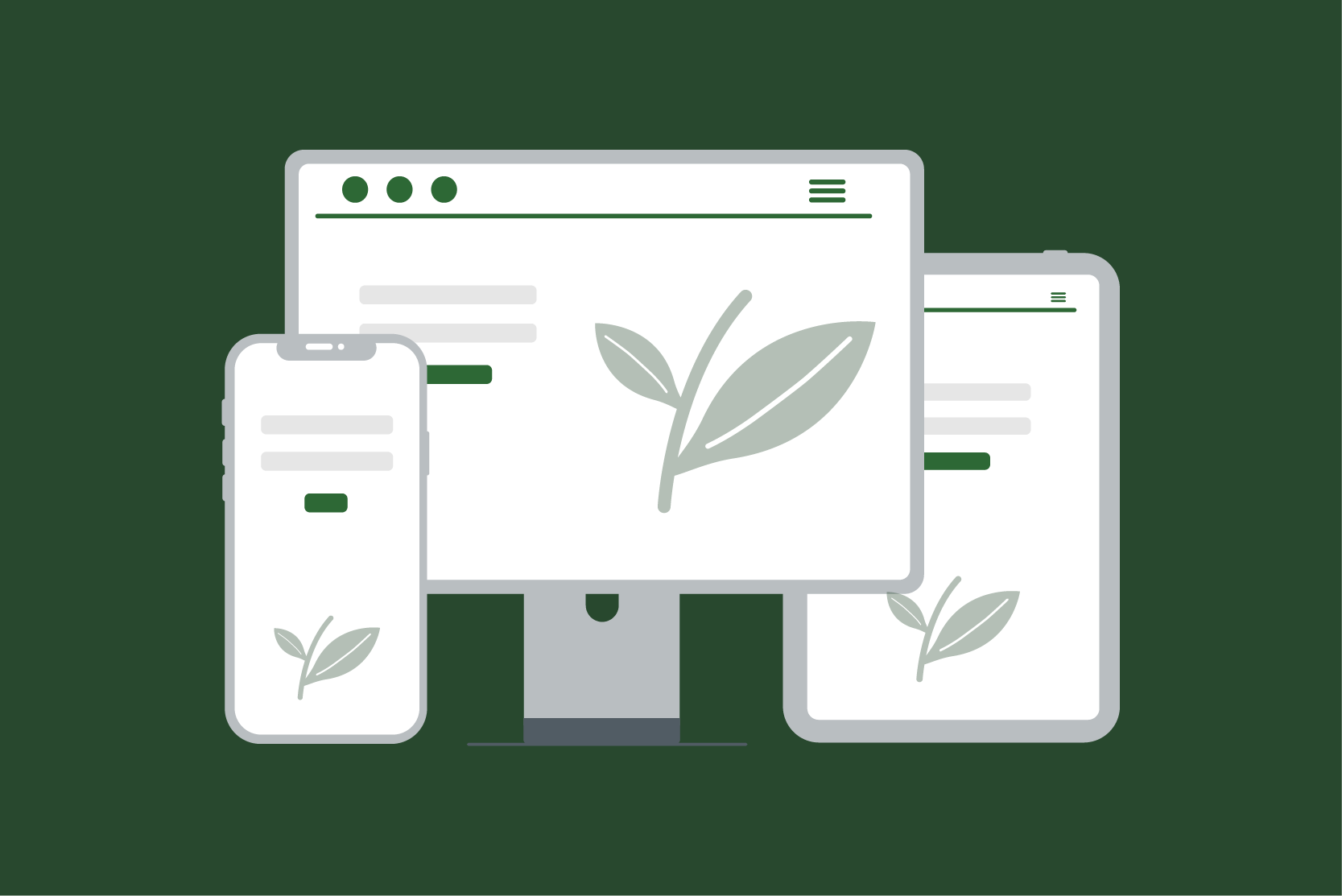 Illustration of a website mock-up displayed on a desktop monitor, tablet and smartphone