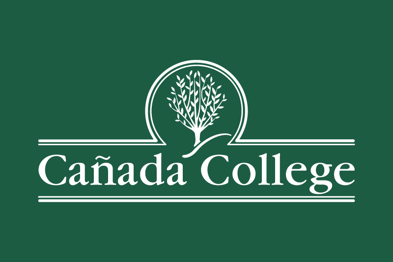 Cañada College logo featuring a white tree emblem and text on a dark green background