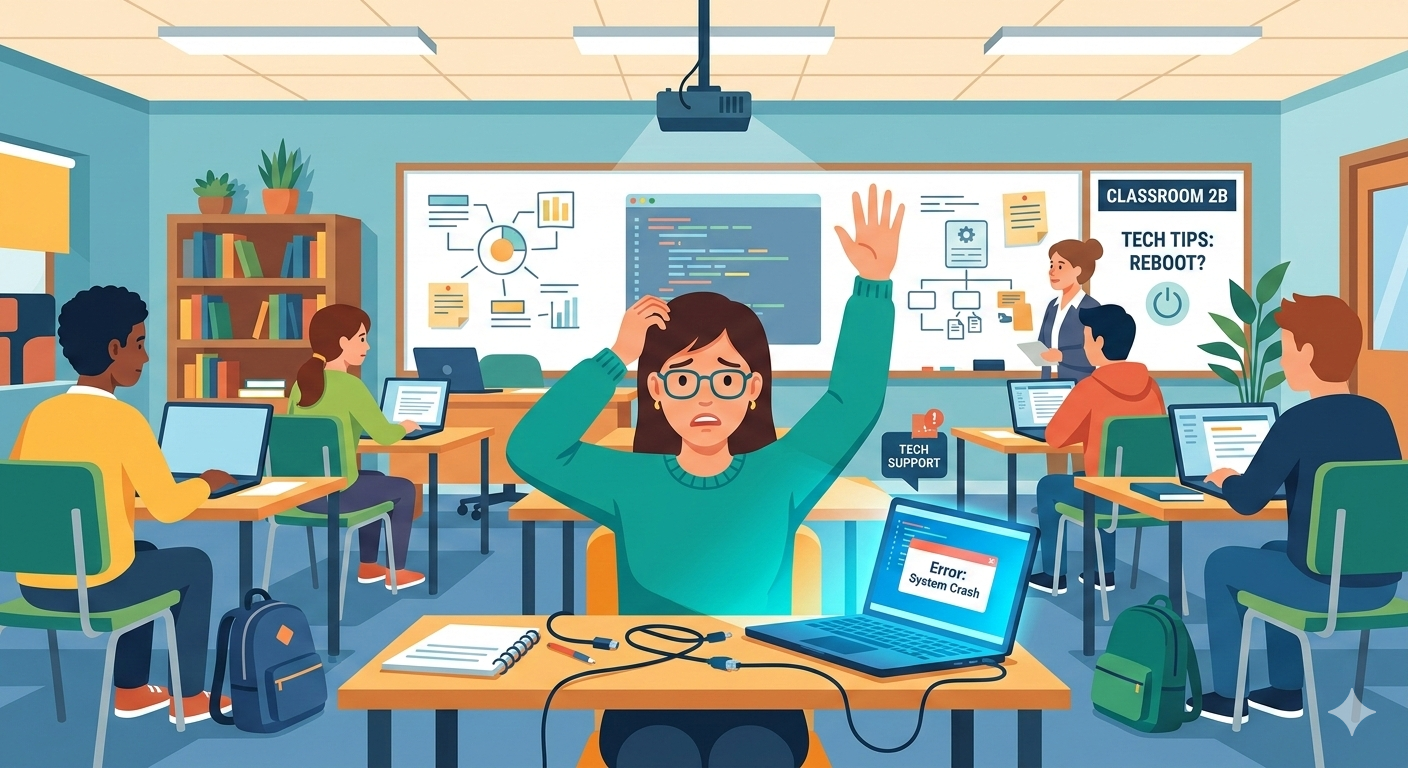 person in classroom in need of tech support