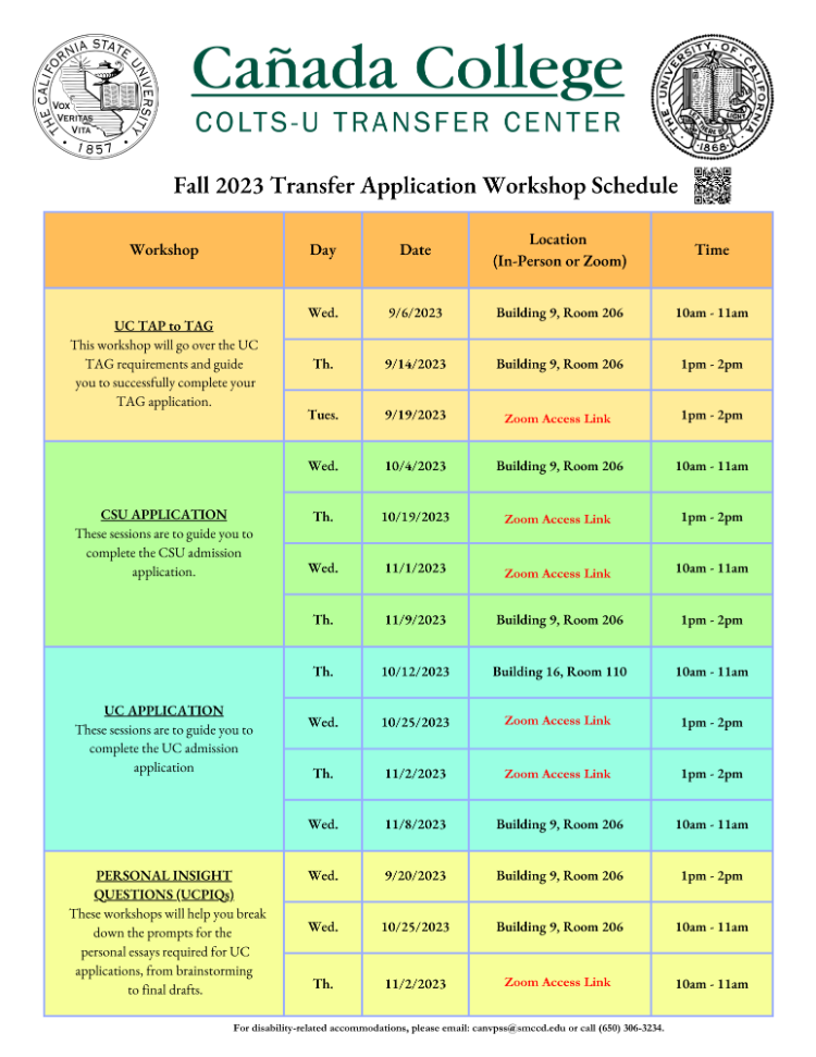 Transfer Workshop Schedule