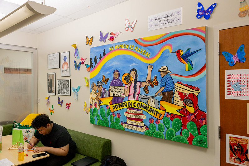 Colorful mural on the wall of the Undocumented Community Center